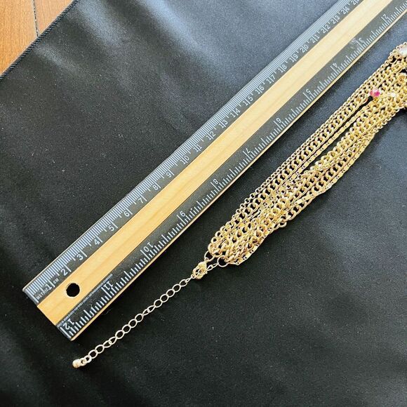 Multi Strand Layered Chains Crystal Gold Necklace Green Pink Purple Red 1365 - Picture 6 of 7